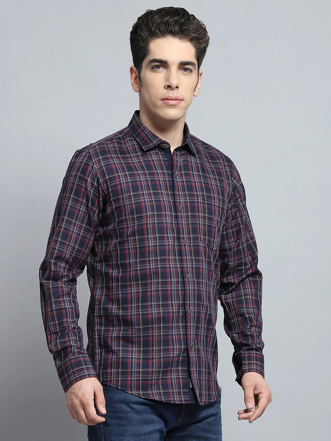 Men Navy Blue Check Collar Full Sleeve Shirt - Image 4