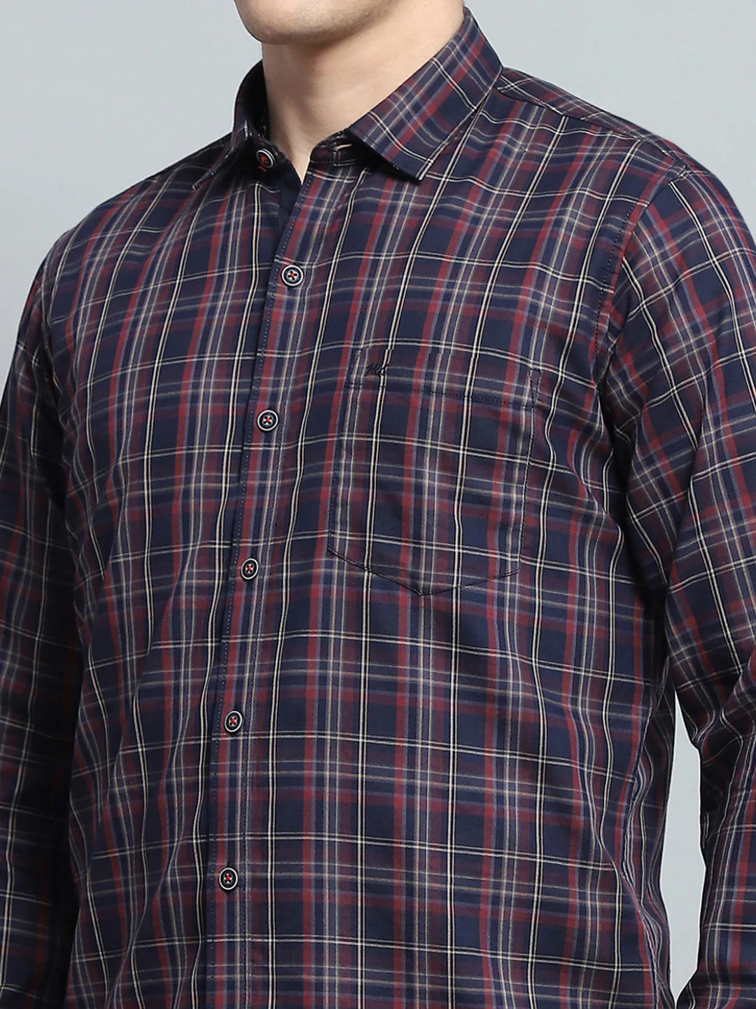 Men Navy Blue Check Collar Full Sleeve Shirt - Image 7