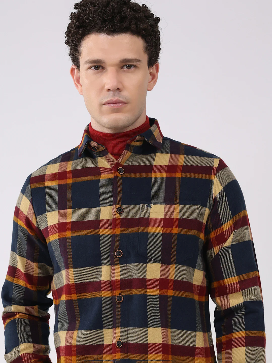 Men Navy Blue Check Collar Full Sleeve Shirt - Image 6