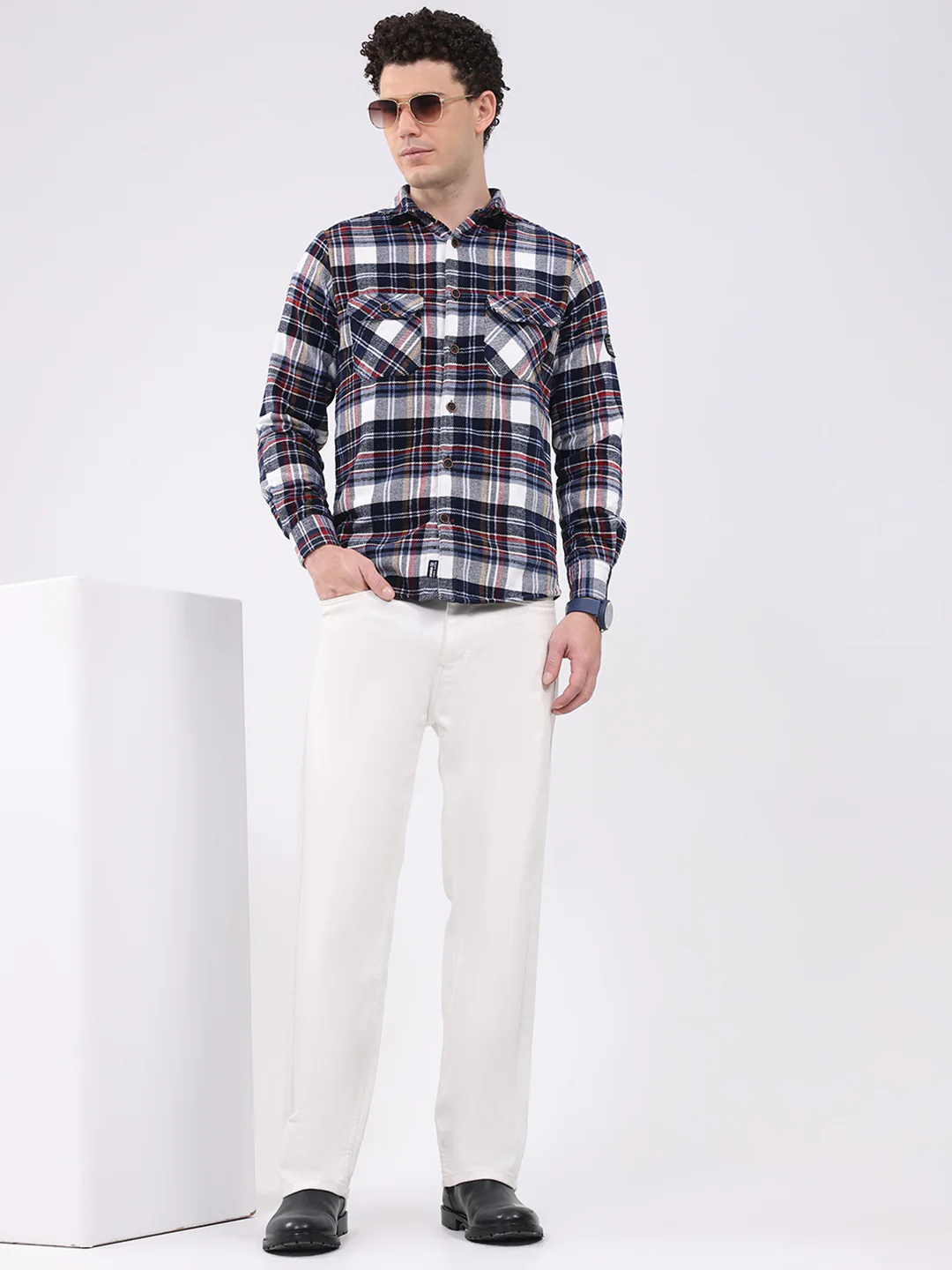 Men Navy Blue Check Collar Full Sleeve Shirt - Image 2