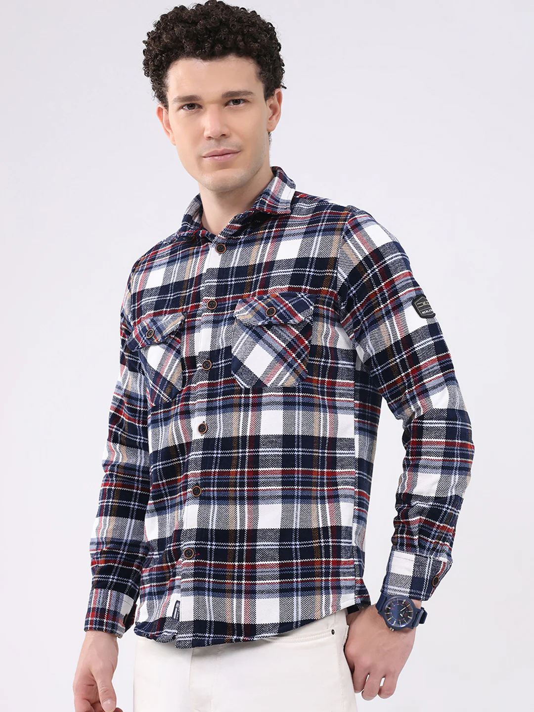 Men Navy Blue Check Collar Full Sleeve Shirt - Image 3