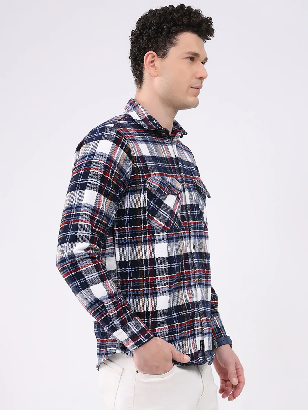 Men Navy Blue Check Collar Full Sleeve Shirt - Image 4