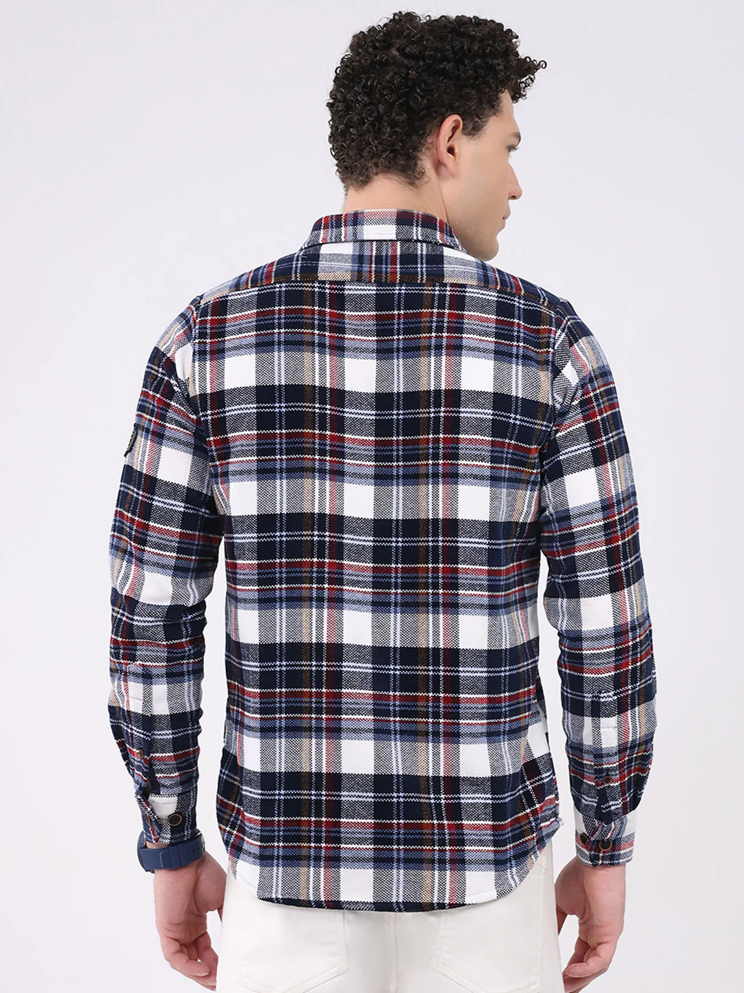Men Navy Blue Check Collar Full Sleeve Shirt - Image 5
