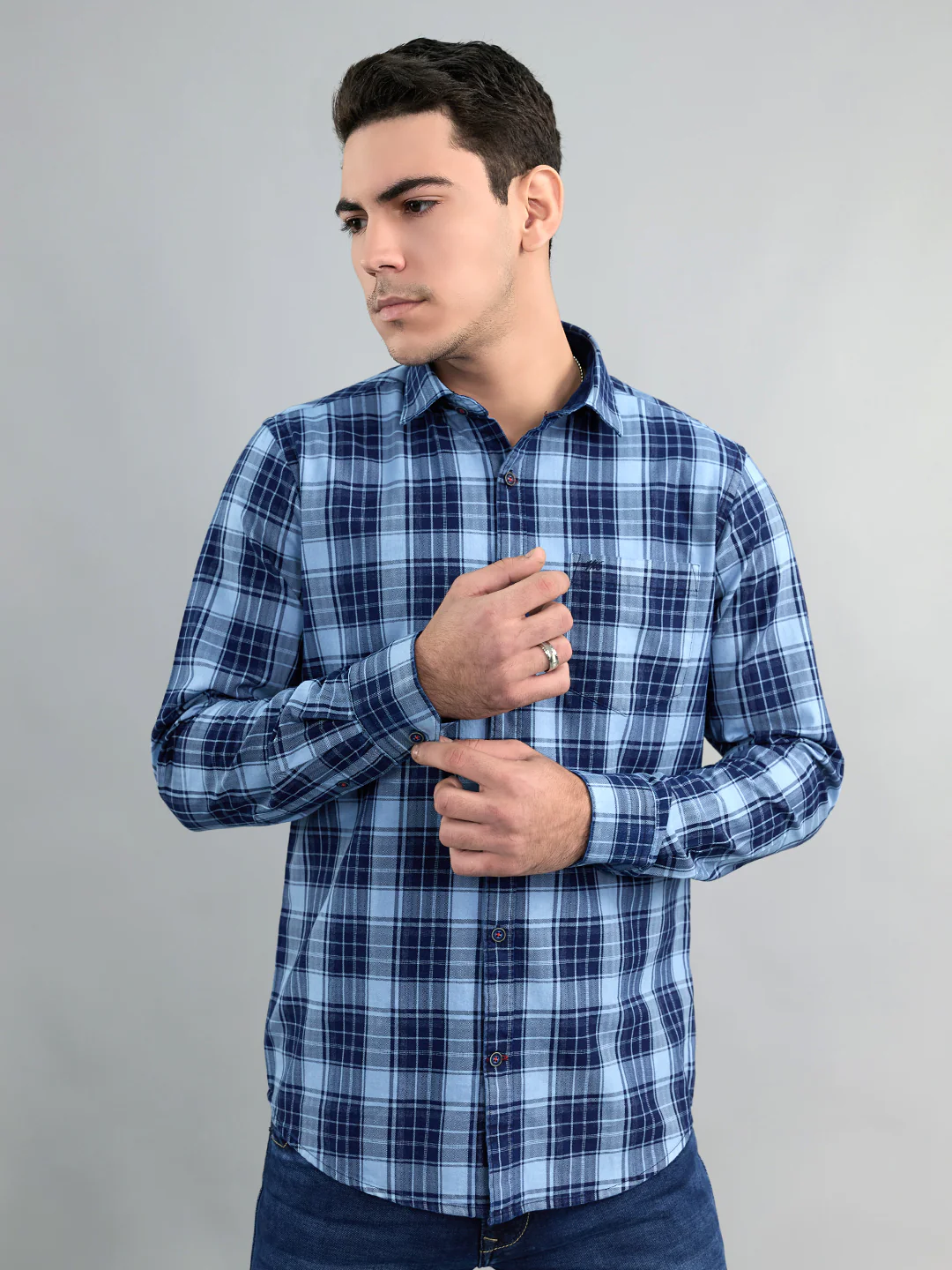 Men Navy Blue Check Collar Full Sleeve Shirt - Image 3