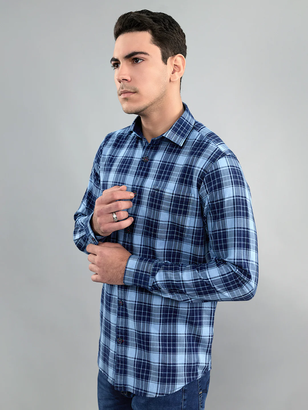 Men Navy Blue Check Collar Full Sleeve Shirt - Image 4
