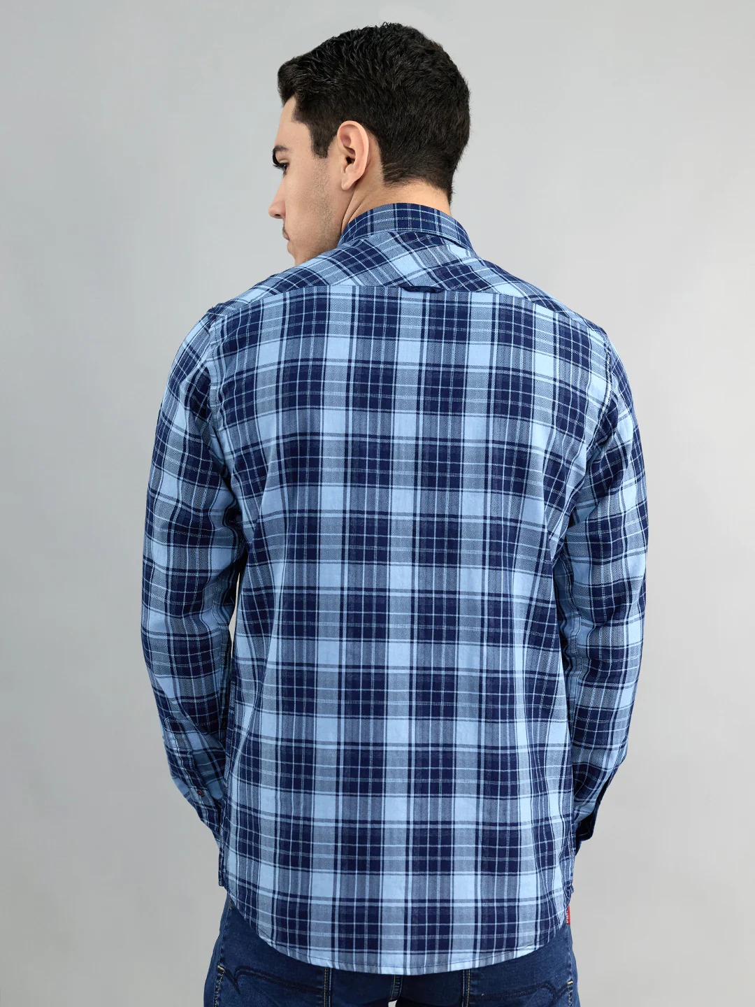 Men Navy Blue Check Collar Full Sleeve Shirt - Image 5