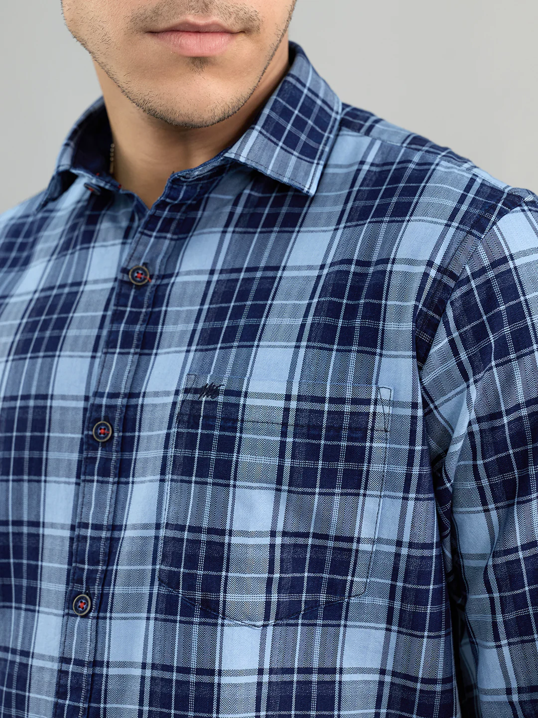Men Navy Blue Check Collar Full Sleeve Shirt - Image 6