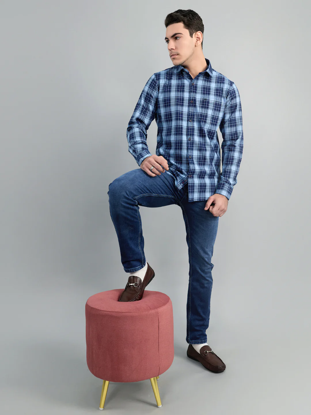 Men Navy Blue Check Collar Full Sleeve Shirt - Image 7