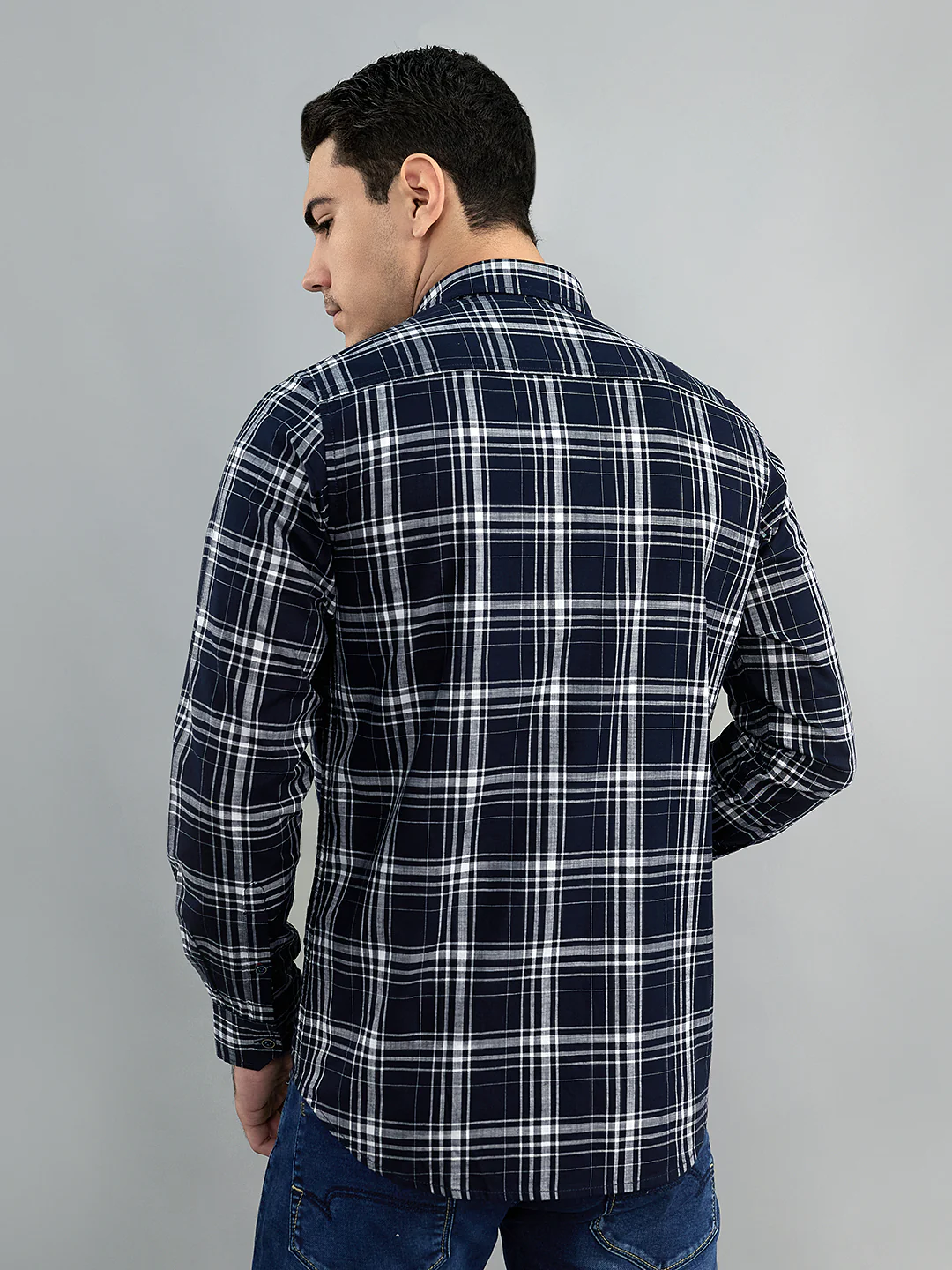 Men Navy Blue Check Collar Full Sleeve Shirt - Image 4