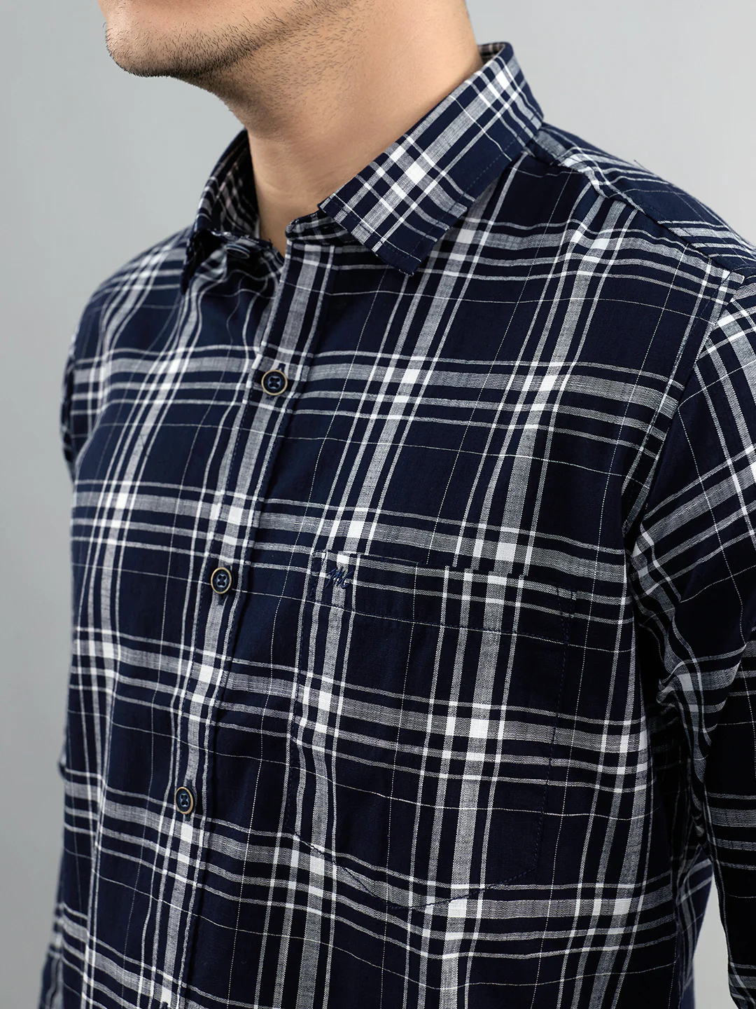 Men Navy Blue Check Collar Full Sleeve Shirt - Image 5