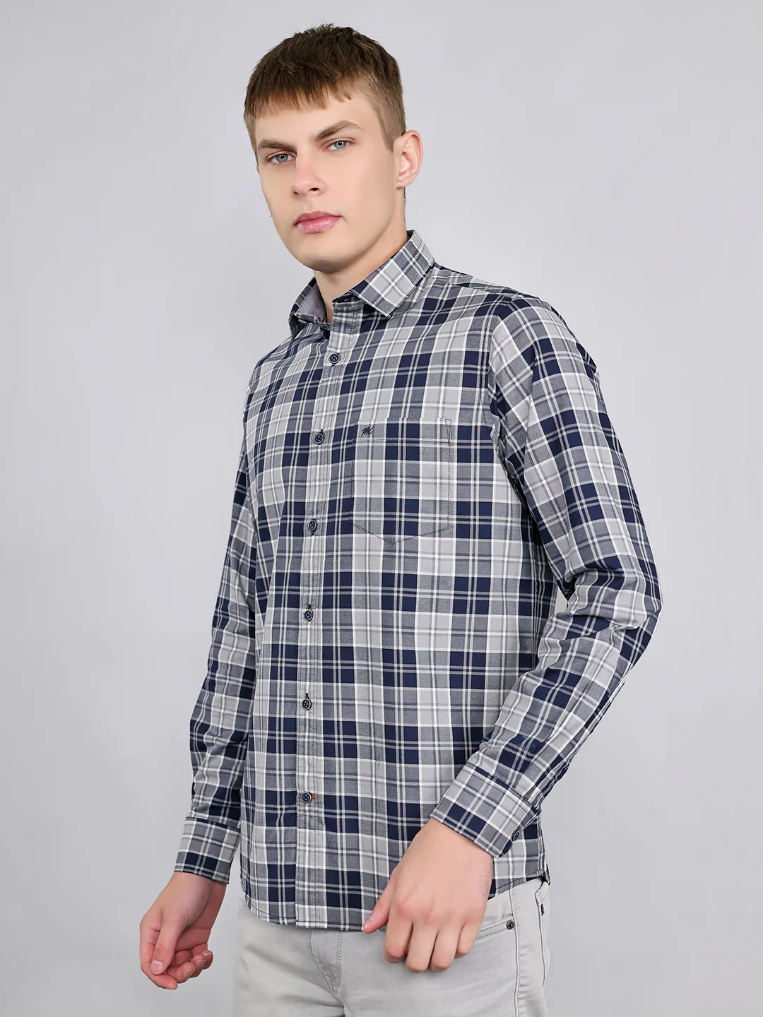Men Navy Blue Check Collar Full Sleeve Shirt - Image 2