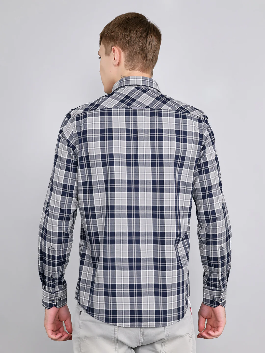 Men Navy Blue Check Collar Full Sleeve Shirt - Image 4