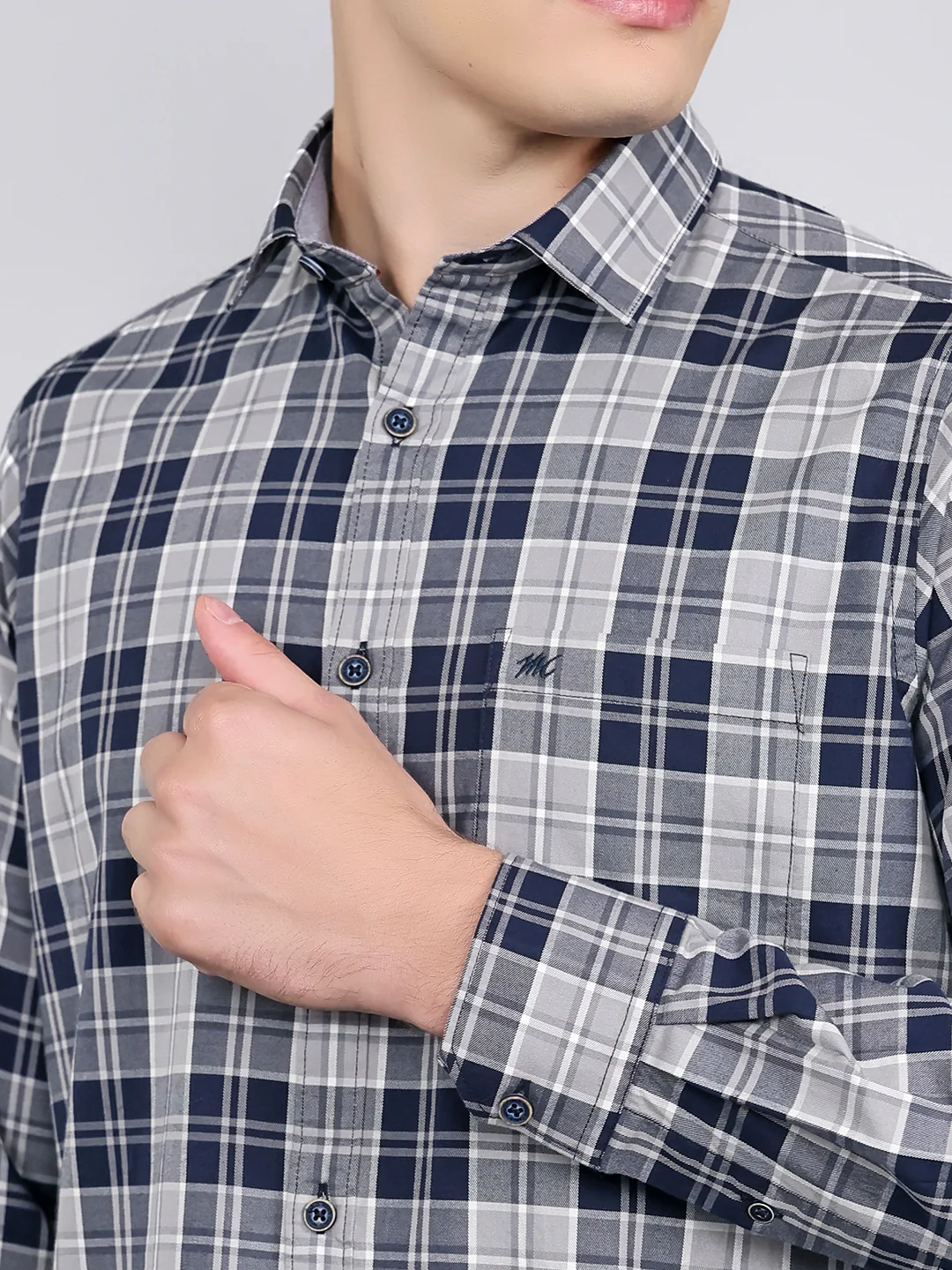 Men Navy Blue Check Collar Full Sleeve Shirt - Image 5