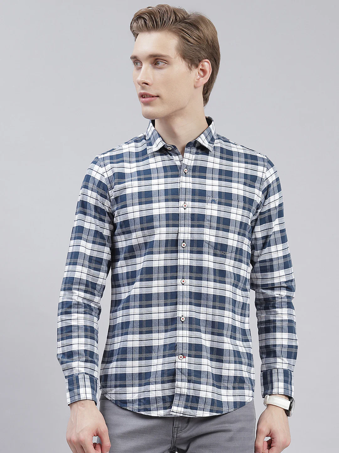 Men Navy Blue Check Collar Full Sleeve Shirts - Image 2