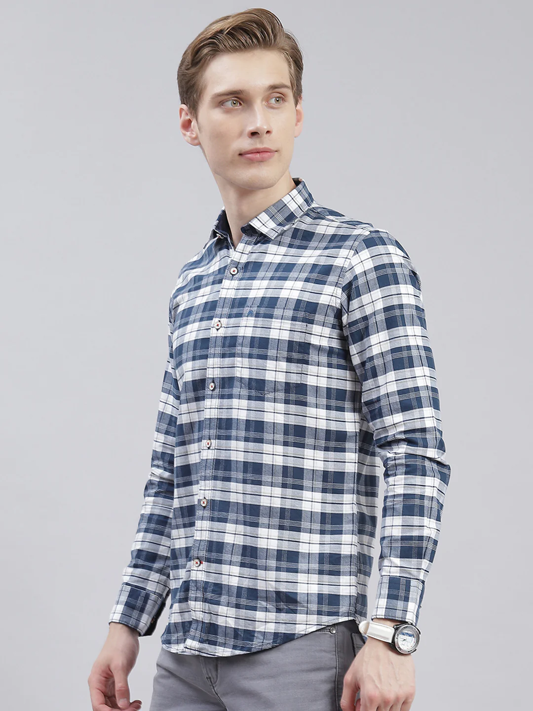 Men Navy Blue Check Collar Full Sleeve Shirts - Image 3