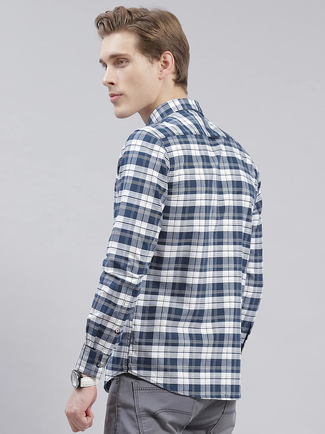 Men Navy Blue Check Collar Full Sleeve Shirts - Image 5