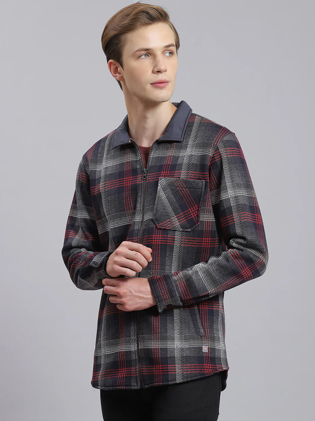 Men Navy Blue Check Collar Full Sleeve Sweatshirt - Image 2