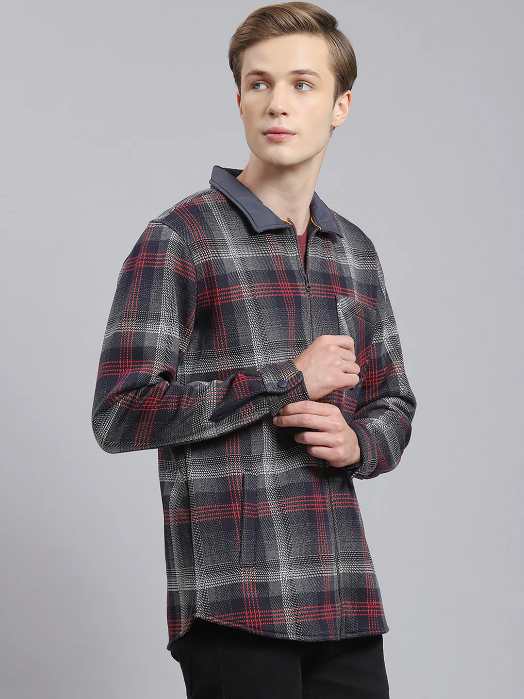 Men Navy Blue Check Collar Full Sleeve Sweatshirt - Image 3