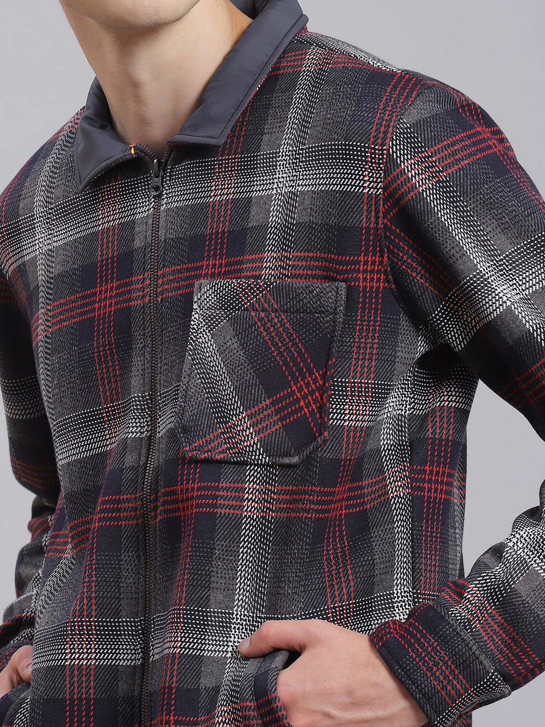 Men Navy Blue Check Collar Full Sleeve Sweatshirt - Image 6