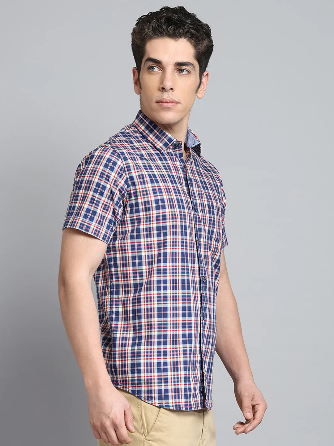 Men Navy Blue Check Collar Half Sleeve Shirt - Image 4