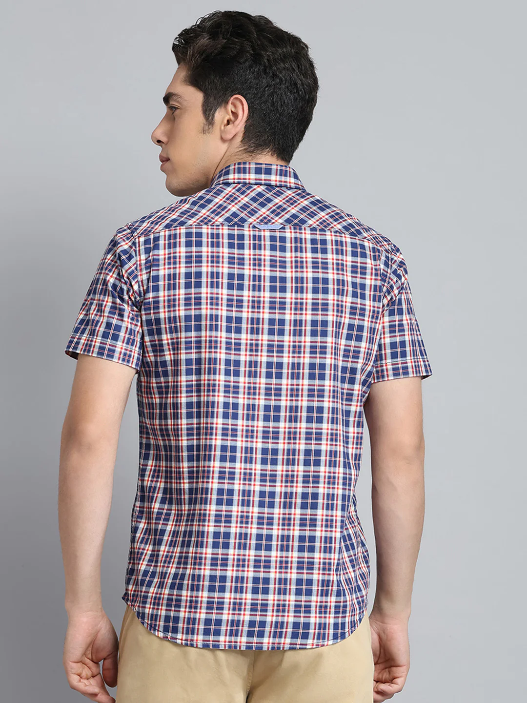 Men Navy Blue Check Collar Half Sleeve Shirt - Image 5