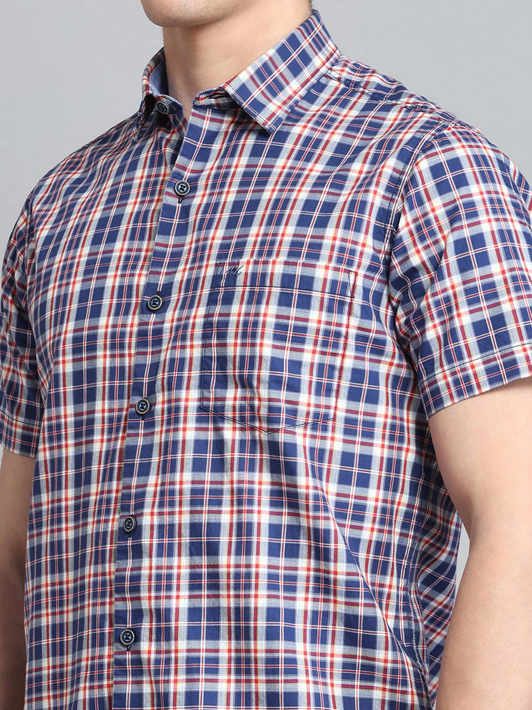 Men Navy Blue Check Collar Half Sleeve Shirt - Image 7