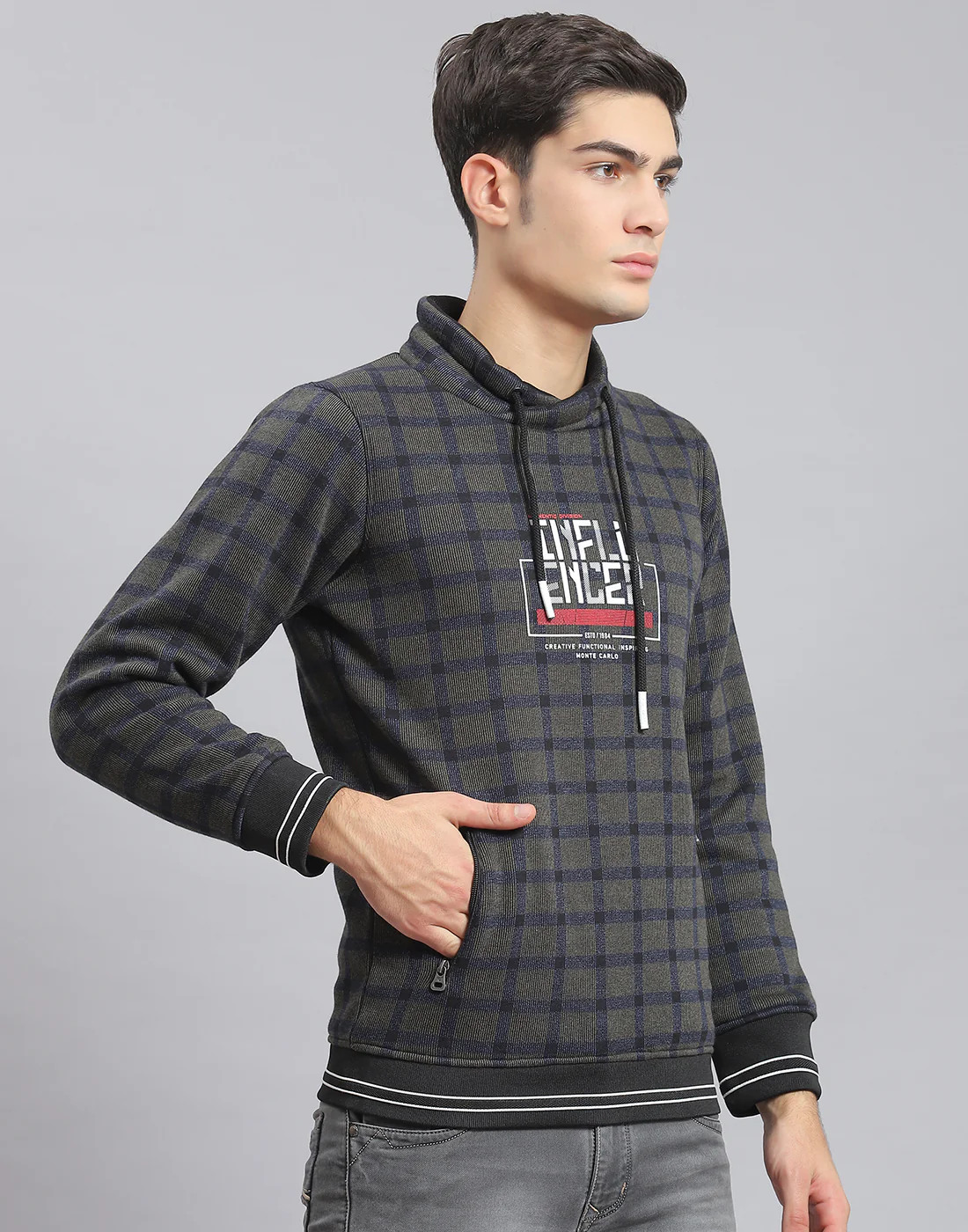 Men Navy Blue Check F Neck Full Sleeve Sweatshirt - Image 4
