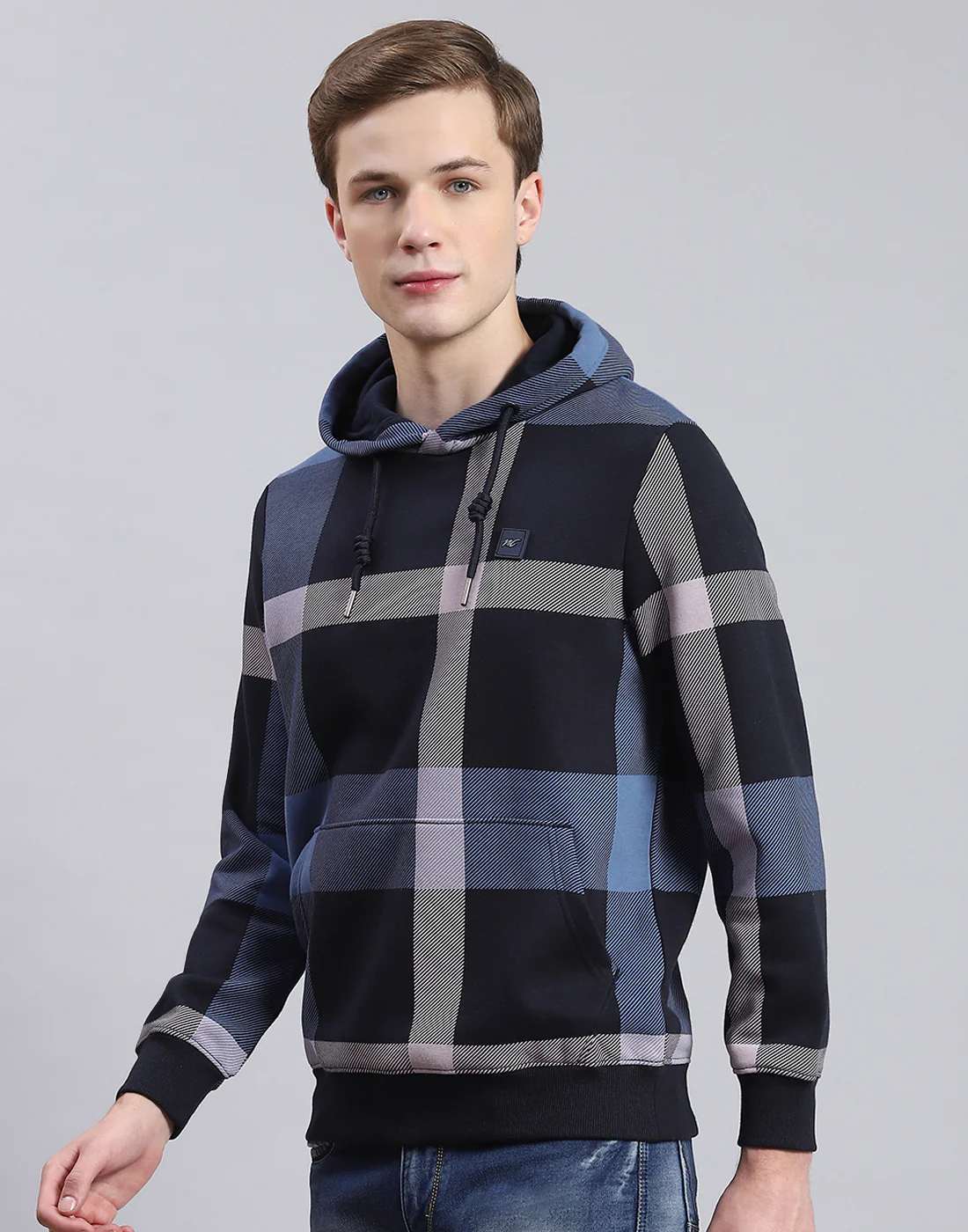 Men Navy Blue Check Hooded Full Sleeve Sweatshirt - Image 4