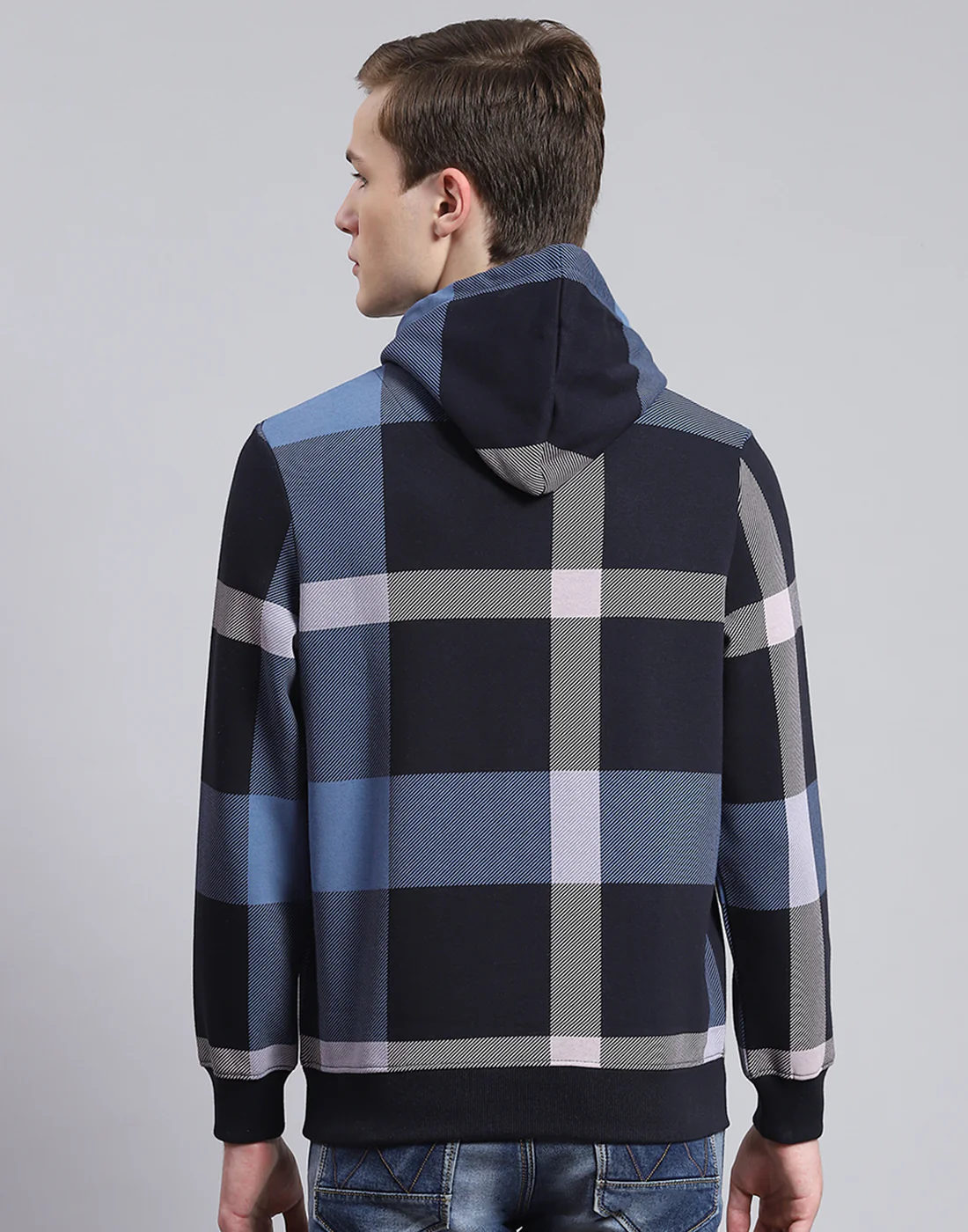 Men Navy Blue Check Hooded Full Sleeve Sweatshirt - Image 6