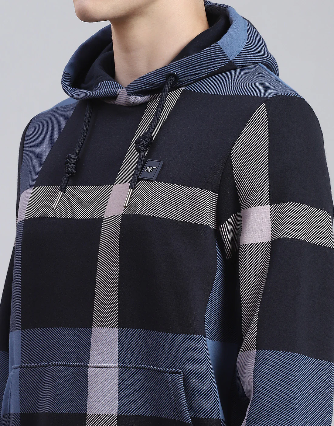 Men Navy Blue Check Hooded Full Sleeve Sweatshirt - Image 7
