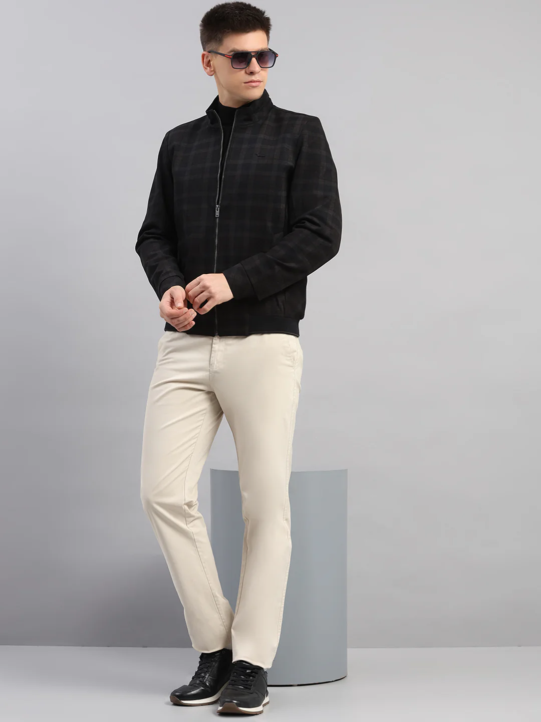 Men Navy Blue Check Mandarin Neck Full Sleeve Jacket - Image 2
