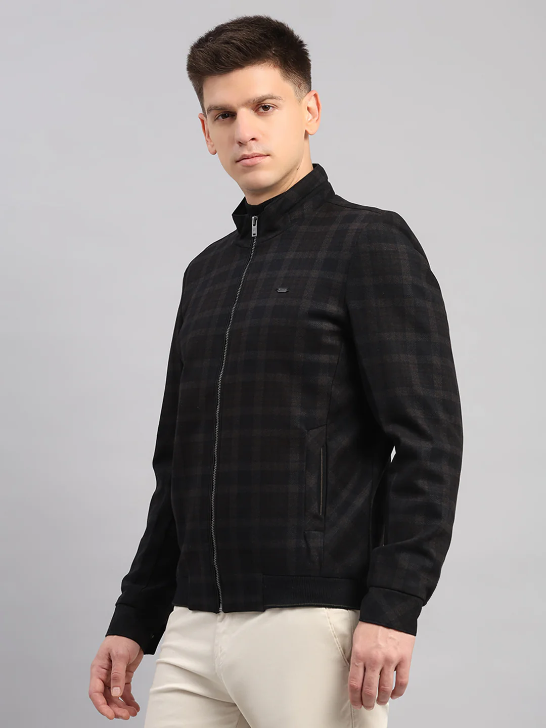 Men Navy Blue Check Mandarin Neck Full Sleeve Jacket - Image 3