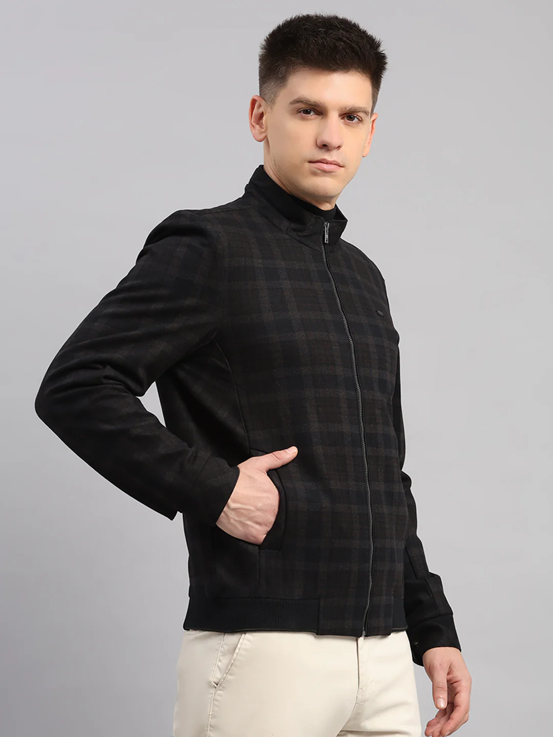 Men Navy Blue Check Mandarin Neck Full Sleeve Jacket - Image 4