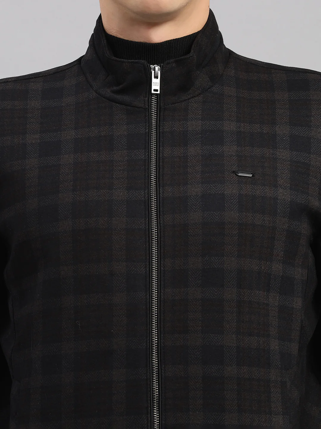 Men Navy Blue Check Mandarin Neck Full Sleeve Jacket - Image 7