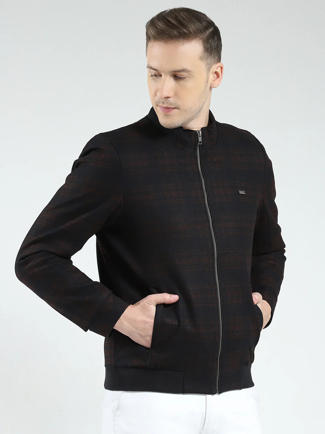 Men Navy Blue Check Mock Neck Full Sleeve Coat - Image 4