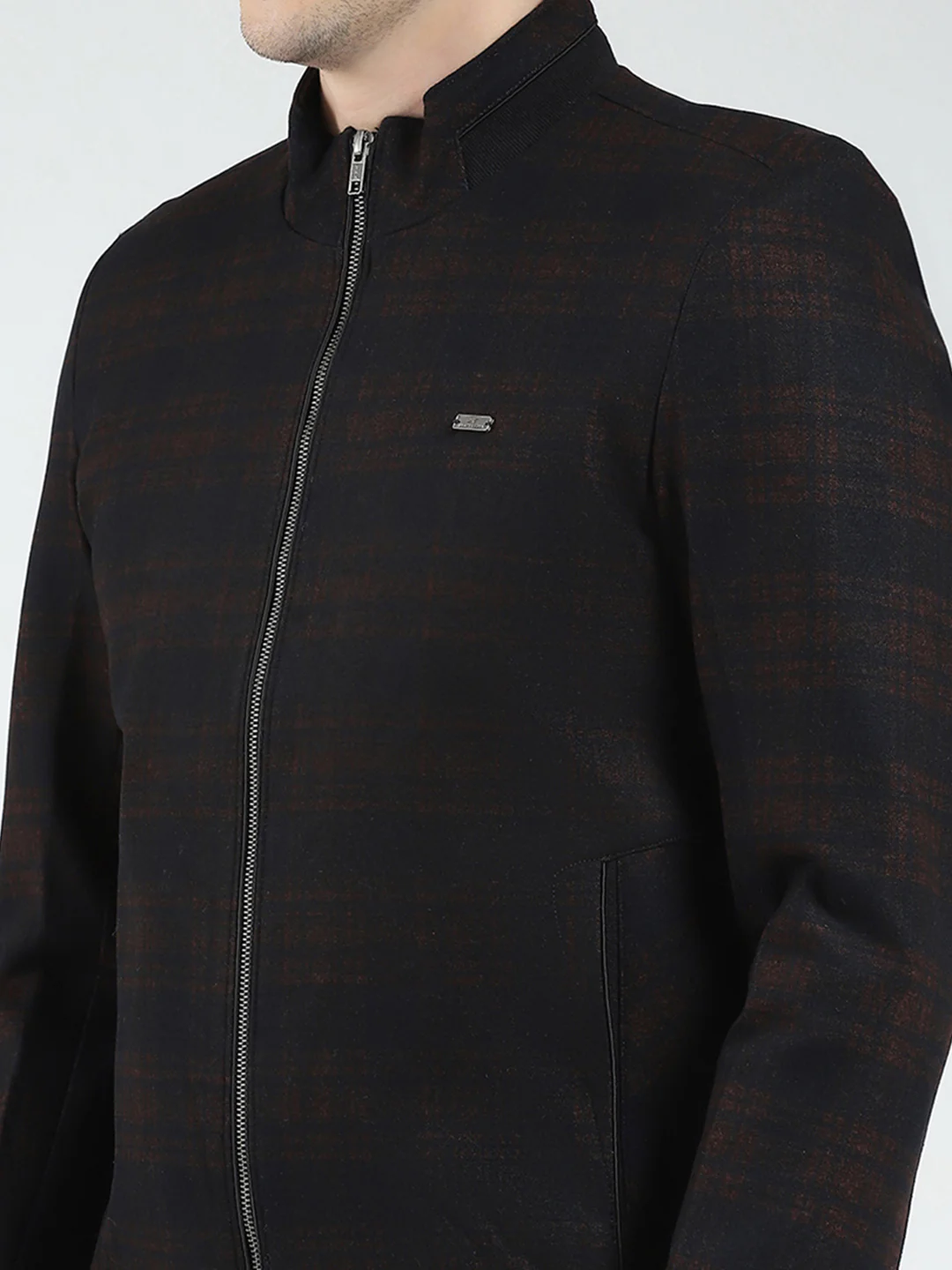 Men Navy Blue Check Mock Neck Full Sleeve Coat - Image 7