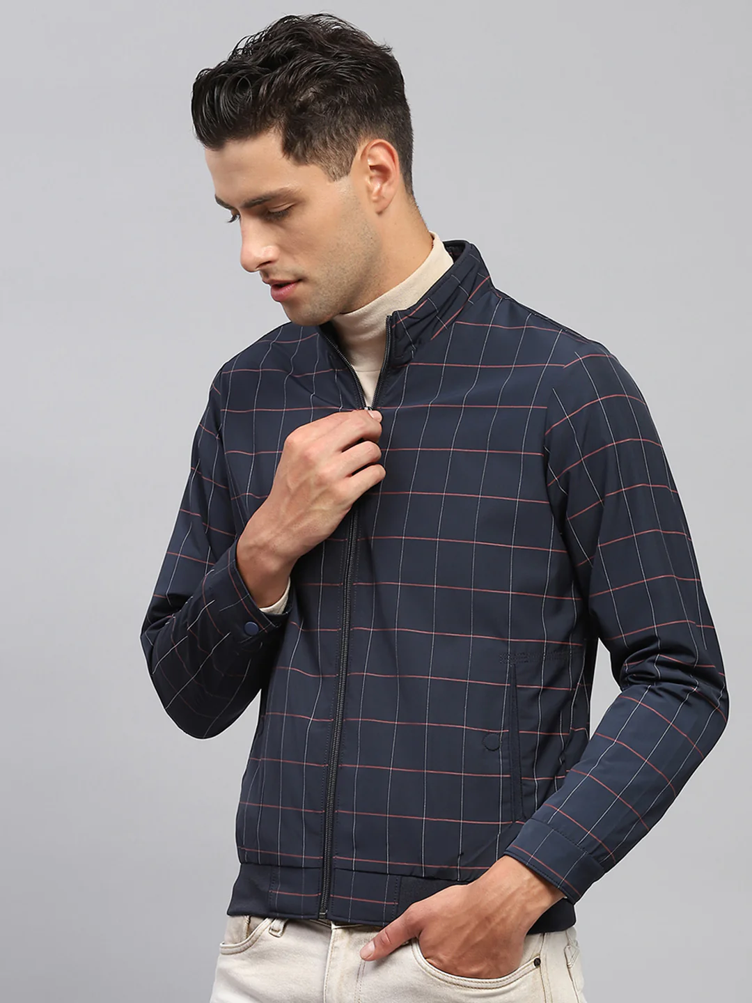 Men Navy Blue Check Mock Neck Full Sleeve Jacket - Image 3