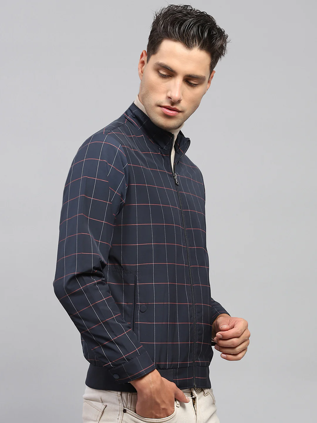Men Navy Blue Check Mock Neck Full Sleeve Jacket - Image 4