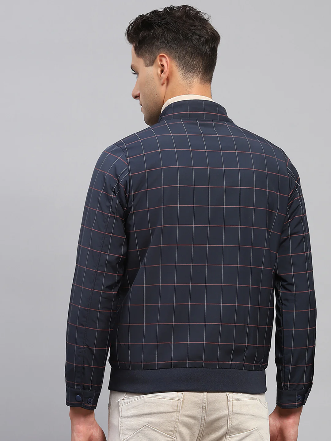 Men Navy Blue Check Mock Neck Full Sleeve Jacket - Image 5