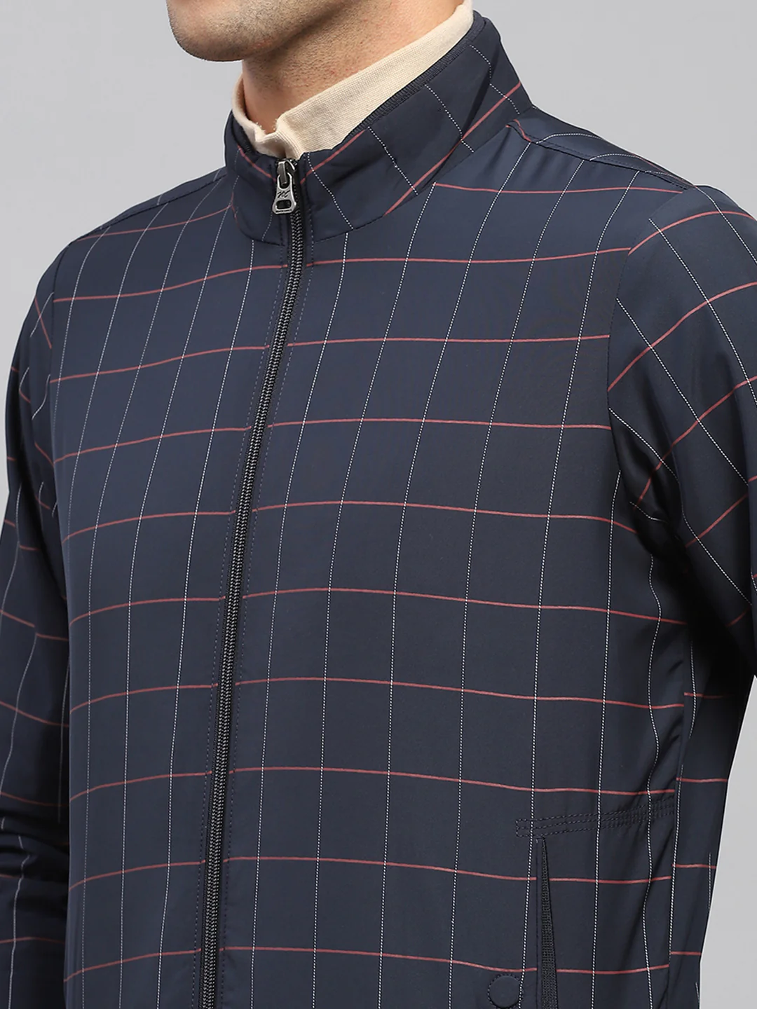 Men Navy Blue Check Mock Neck Full Sleeve Jacket - Image 6