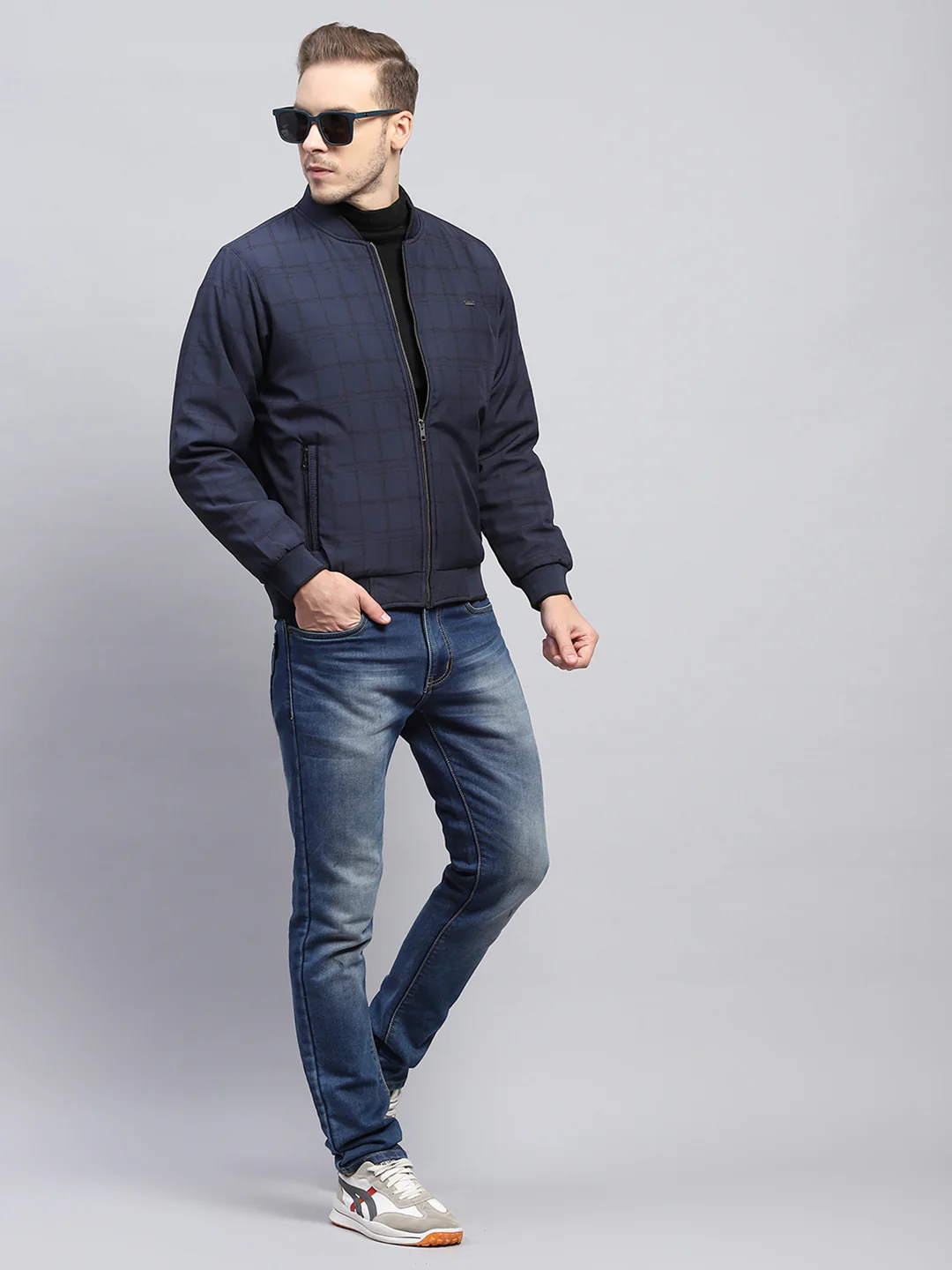 Men Navy Blue Check Mock Neck Full Sleeve Jacket - Image 2