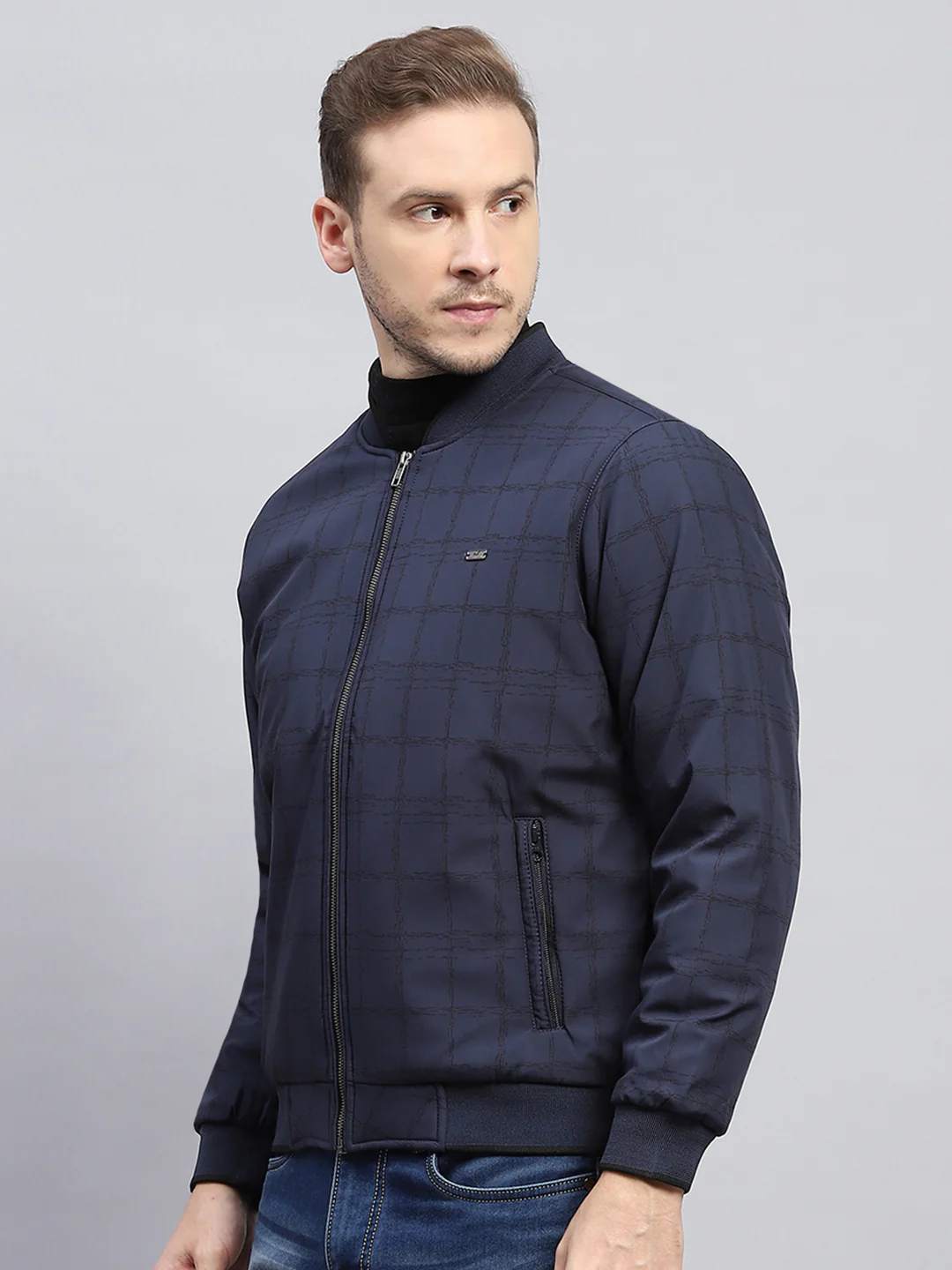 Men Navy Blue Check Mock Neck Full Sleeve Jacket - Image 3