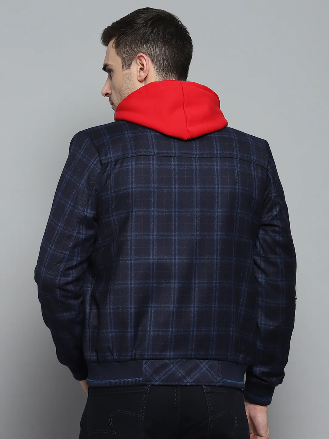 Men Navy Blue Check Mock Neck Full Sleeve Jacket - Image 5