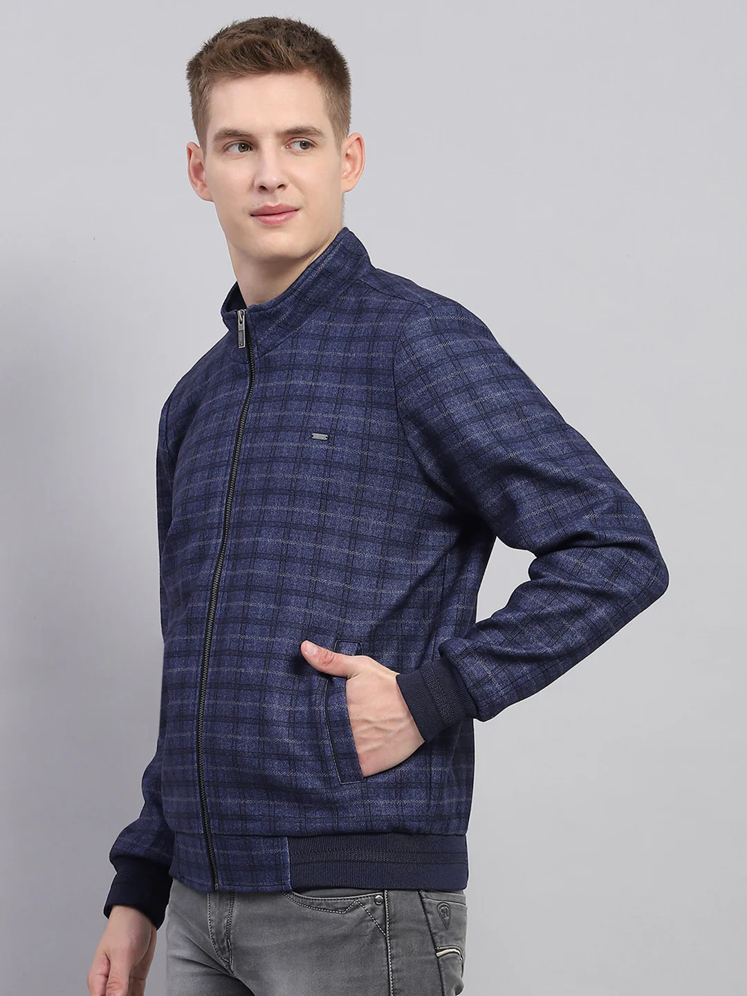Men Navy Blue Check Mock Neck Full Sleeve Jacket - Image 3