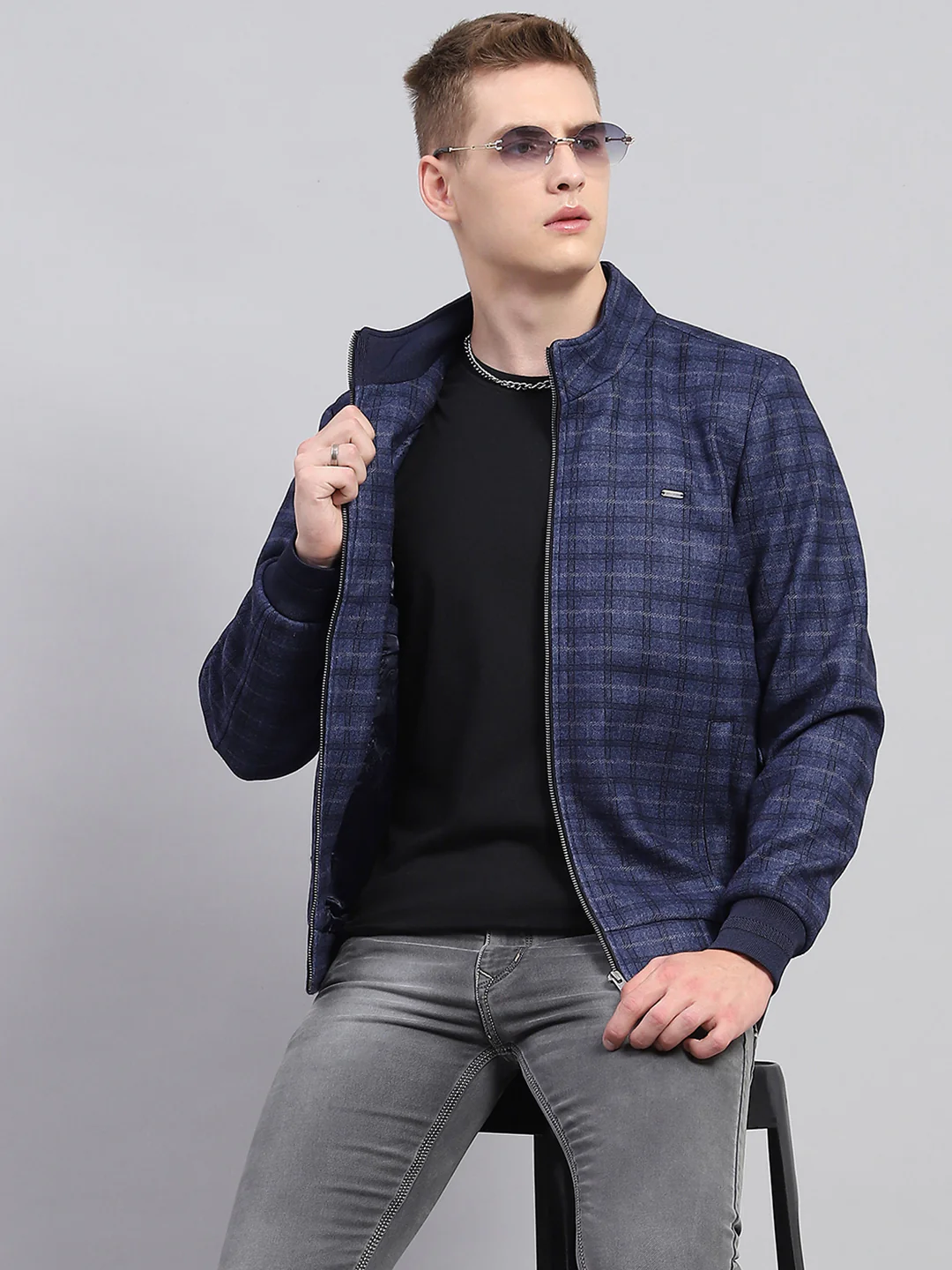 Men Navy Blue Check Mock Neck Full Sleeve Jacket - Image 6