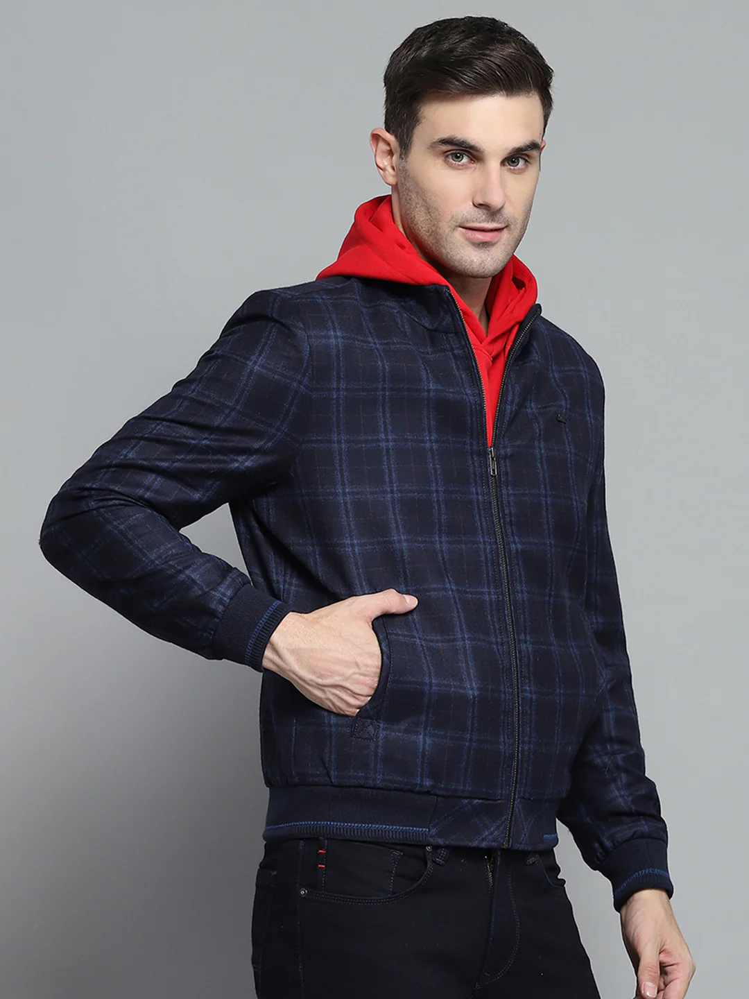 Men Navy Blue Check Mock Neck Full Sleeve Sweatshirt - Image 4
