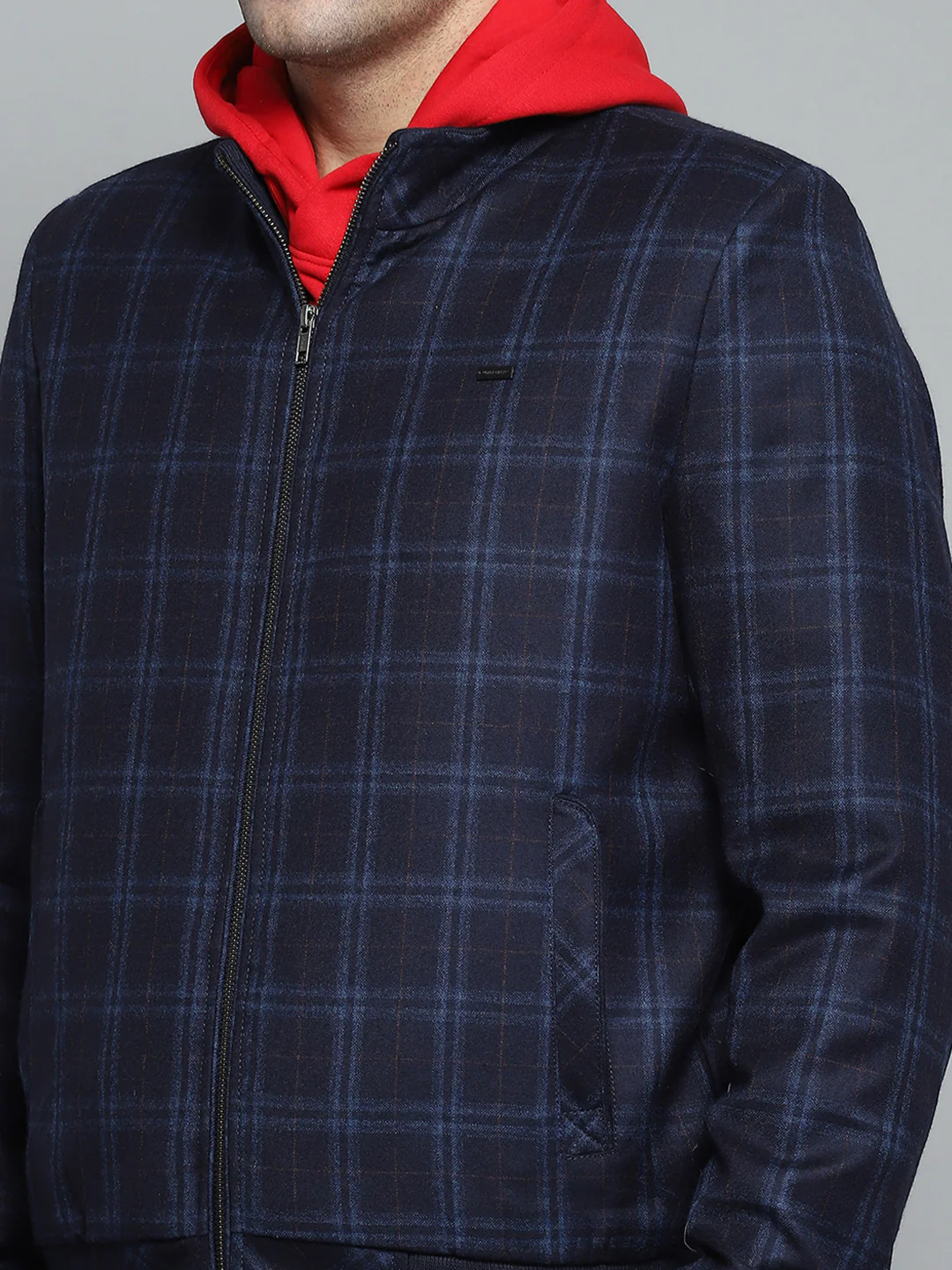 Men Navy Blue Check Mock Neck Full Sleeve Sweatshirt - Image 6