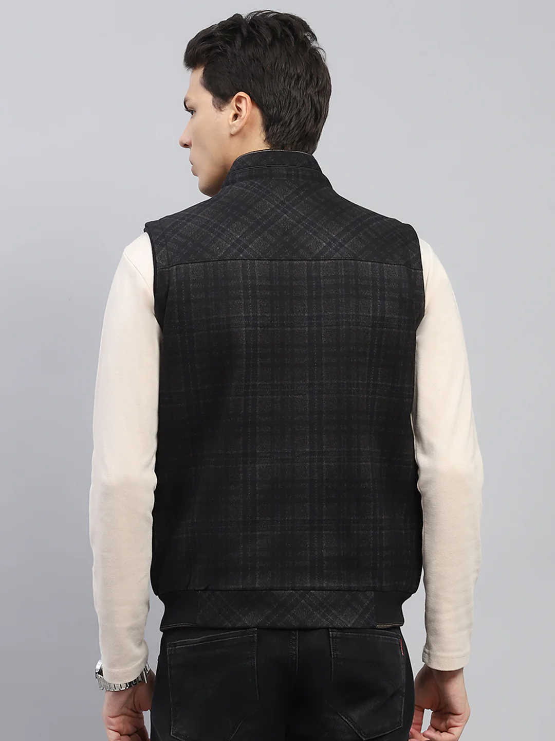 Men Navy Blue Check Mock Neck Sleeveless Jacket - Image 5