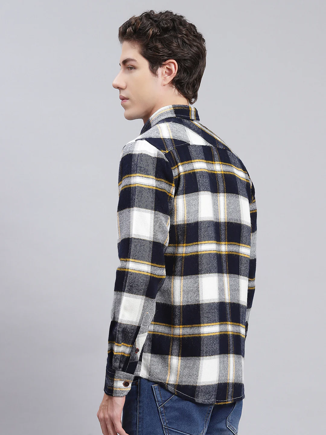 Men Navy Blue Check Poly Acrylic Shirt - Image 5