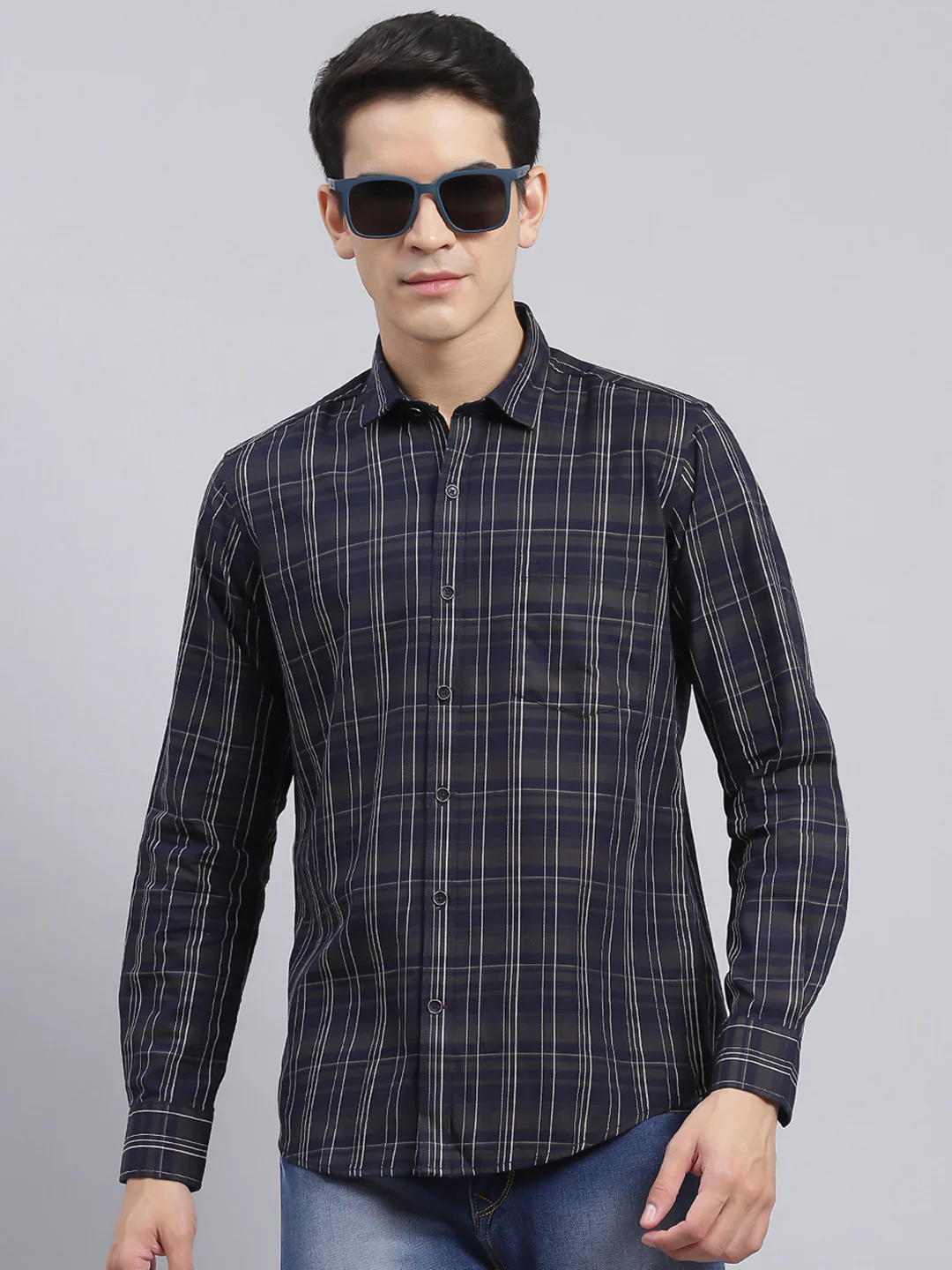 Men Navy Blue Check Pure Cotton Shirt - Image 2